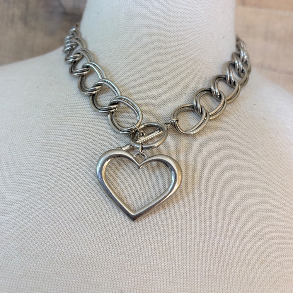 Silver Tone Chunky Double Link Chain Necklace with Open Heart Pendant Toggle